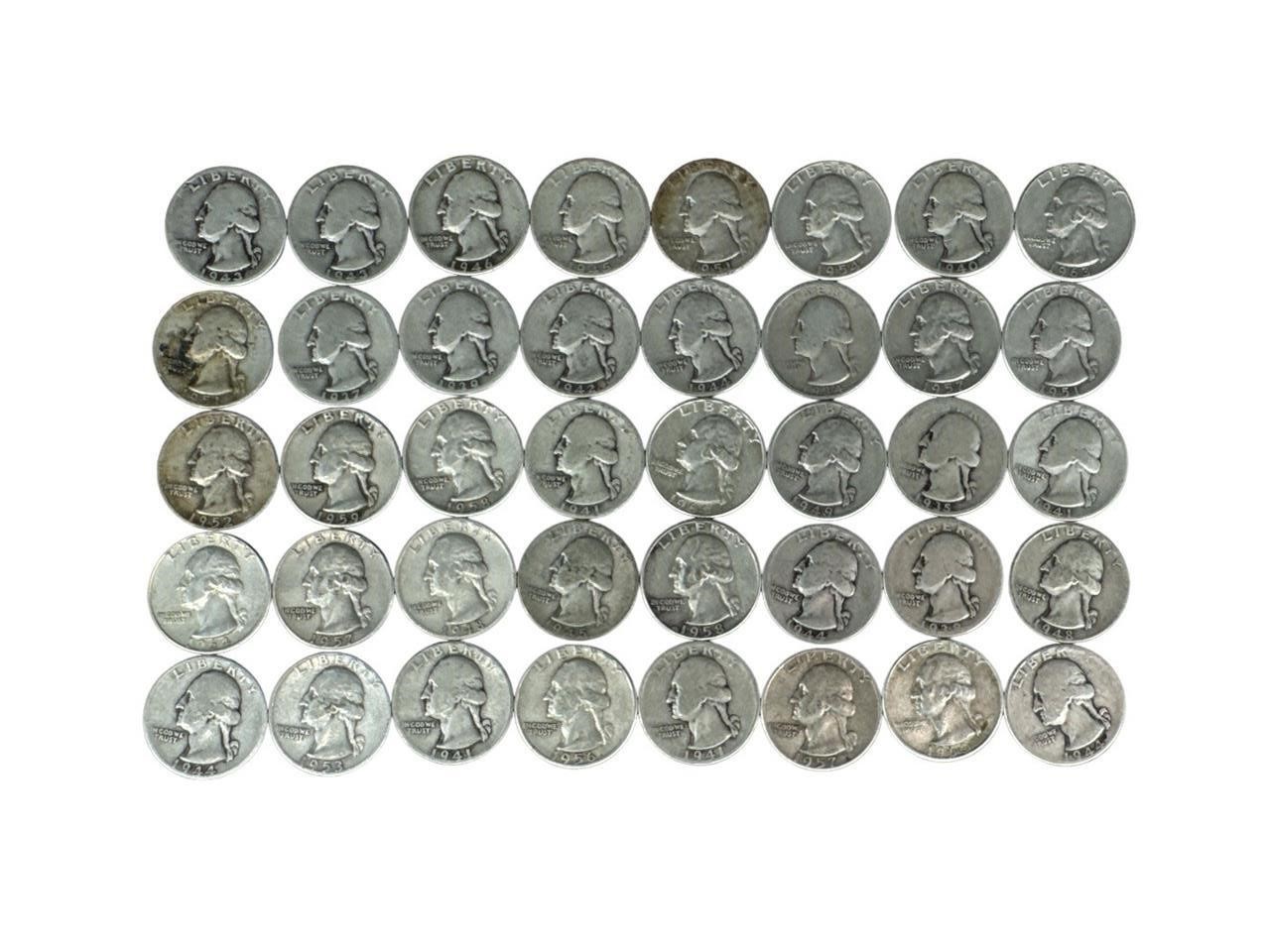 LOT OF 40 WASHINGTON 90% SILVER QUARTERS