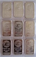 Nine 1 troy ounce Fine silver 999 ingots