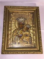 ANTIQUE MADONNA & CHILD GILT CZESTOCHOWA FRAMED RE