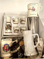 Box of Army Mugs, Shaker, Sake Set, and More