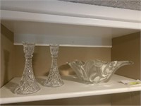 2 Crystal Candle Stick Holders & Glass Bowl