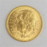 1955 Fine Gold Mexican Five Peso Coin.