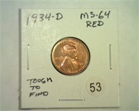 1934-D LINCOLN CENT MS64 RED TOUGH TO FIND