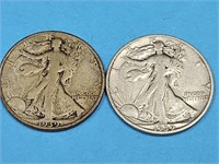 2- 1939 S US Walking Liberty Half $ Silver Coins