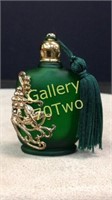 Small antique gilded green glass perfume bottle