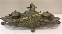 Antique highly ornate brass double ink well