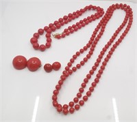 2 RED BEAD NECKLACES & 2 PAIRS OF RED BEAD EARRING