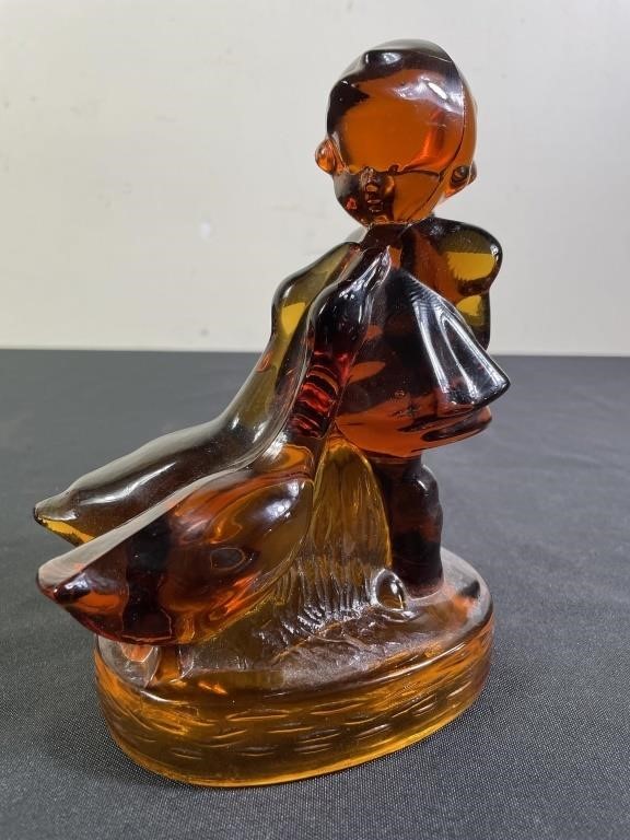 L.E. Smith Amber Glass Girl & Geese Figurine