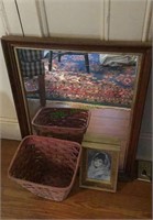 Antique framed wall mirror, duck wastebasket,