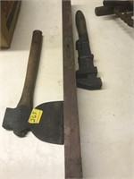 STANLEY WOOD LEVEL, BROAD AXE, AND PIPE WRENCH
