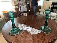 VINTAGE CANDLESTICKS AND GLASS SHOE