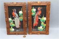 Pair Mexican Feathercraft Birds/Carved Wood Frames