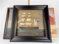 Wooden framed ship painting on canvas-signed by