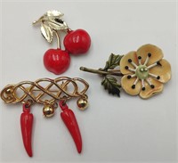 3 Fun Pins-Red Cherries, Chilis & HAR Flower