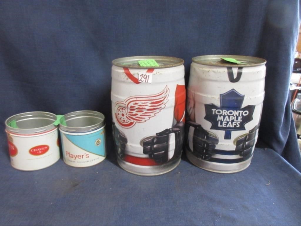 vintage tins and kegs .