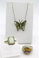 Vintage 925 Abalone Shell Necklace & 2 Rings