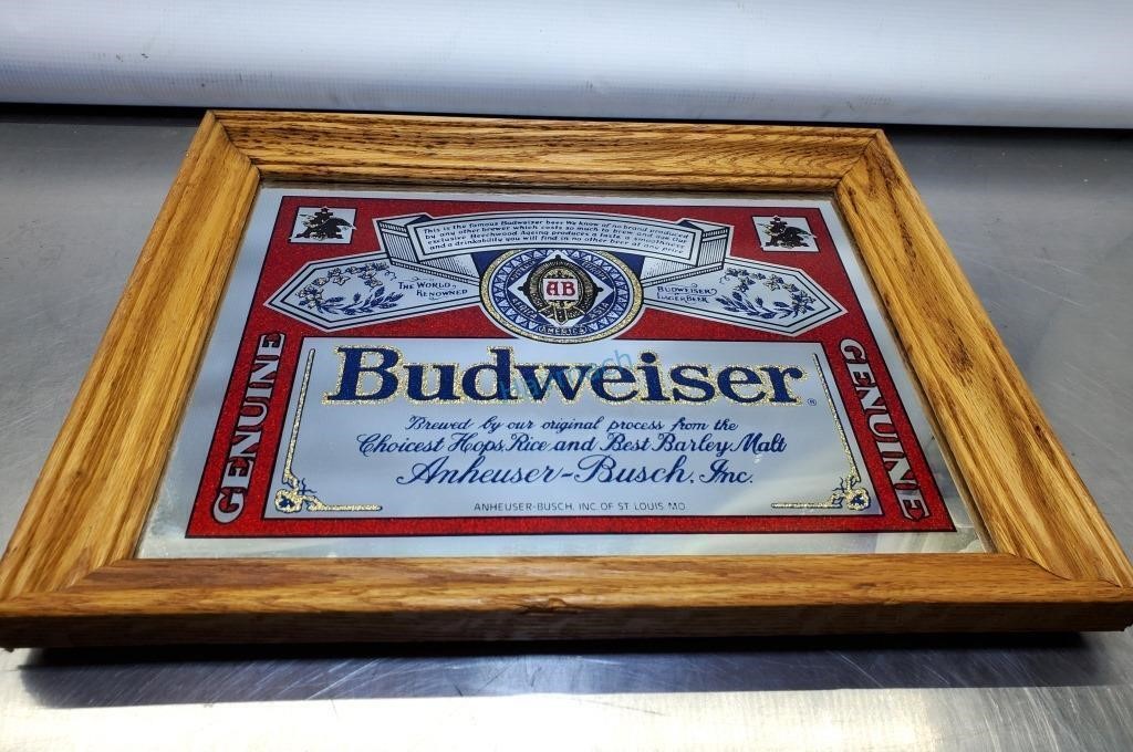 BUDWEISER FRAMED MIRROR, 14" X 11"