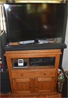 Oak TV stand, TV, soundbar and player; as is
