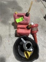 Qty 2 Gas Cans & Oil Drain Pan, & Misc