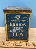 Braid's Best Blue Label Tea Tin (4"W x 4"D x