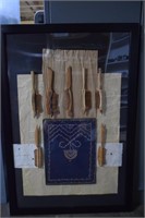 Framed Fabric w/ Vtg. Hand Made Wood Combs Mounted