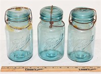 LOT - 3 VINTAGE BALL WIRE BAIL BLUE CANNING JARS