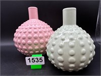 Nice Pink & Sage Ceramic "Hobnail" vases