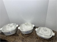 3 CORNING WARE CORNFLOWER CASSEROLE W/LIDS