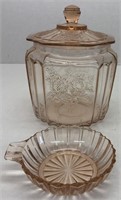 Pink depression glass cookie jar etc.