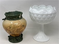Vintage milk glass, pedestal vase, diamond