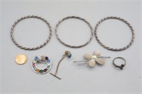 7 Sterling Bangles, Tie Tack, Brooches & Ring 62g