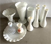 White glassware vases/2 hobnail pieces