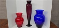 Three gorgeous glass vases!  Red, 10.5" , Purple,