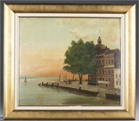 Dockscene at sunset, o/b. 18th / 19th century.