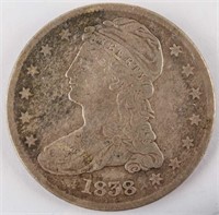 Coin 1838 Capped Bust Silver Half Dollar F