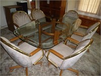 Glass Top Dining Table w/ 6 Swivel Rolling Chairs