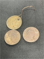 3 INDIAN HEAD PENNIES, ONE HOLED