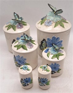 (H) 6pc Ceramic Butterfly Canister Set. 12"t with