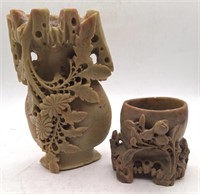 (H) 2 Vintage China Soapstone Vase, Deep Ornate
