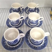 IRONSTONE BLUE AND WHITE CUPS AND SAUCERS