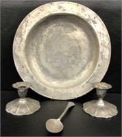 Pewter - Candlesticks, Spoon and Plate
