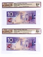 Lot 2 Bank of Canada 2005, $10 Single Note Replace