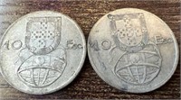 (2) Portuguese Silver Coins 10 Esc 1954/1955