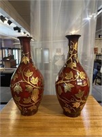 Pair of grape design, gold, and red vases