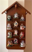 12 Miniature Bird Houses with Wooden Display Shelf