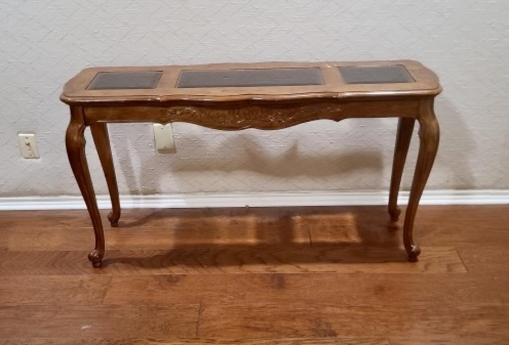 Burled Wood Console Table w/ 3 Glass Insert Top