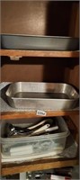 CABINET FULL, BAKING PANS, TUB OF KITCHEN TOOLS E.
