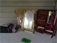 TABLE MIRROR & JEWELRY CHEST & CONTENTS