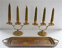 Vtg Painted Brass (India) Candle Holders & Tray