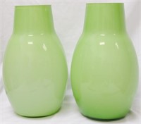 Pr Ethan Allen Green Glass Vases 13.5